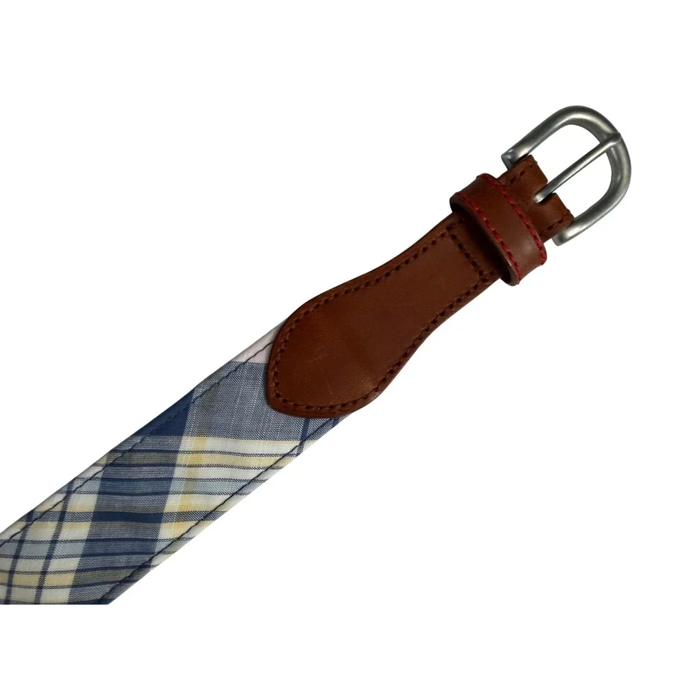 Brooks Brothers Plaid Cotton Leather Belt Medium Blue Pink Yellow Preppy